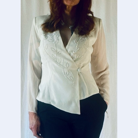 Vintage Tops - 90’s Vintage ‘J.R. Nites Cream White Beaded Embellished Wrap Blouse